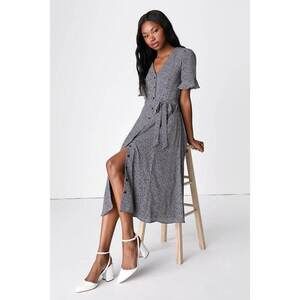 Lulus Flirty Frolic Navy Blue Print Button-up Midi Dress With Pockets - Size L